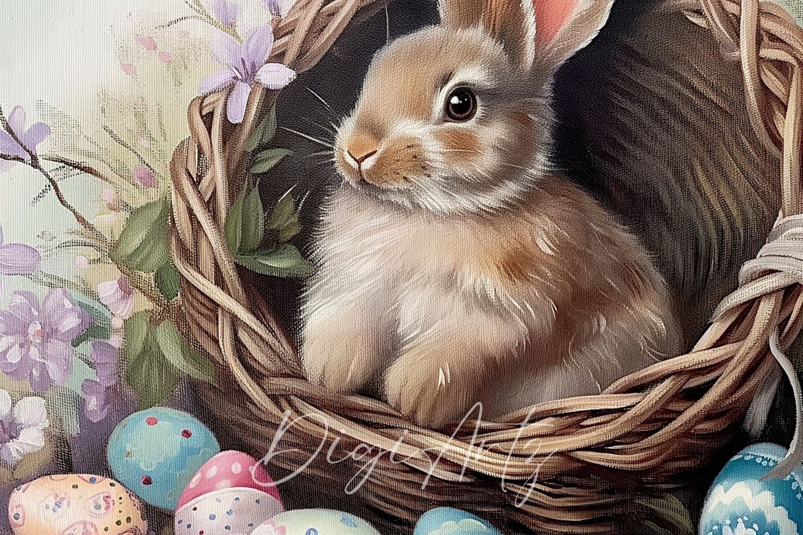 Easter Bunny In Wicker Basket With Painted Eggs And Flowers Poster - Image 5
