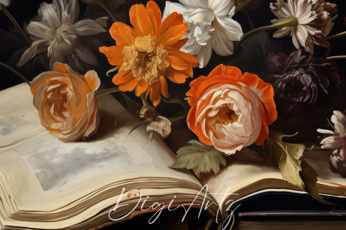 Dutch Master Style Floral Still Life On An Open Book Dark Poster - Image 6