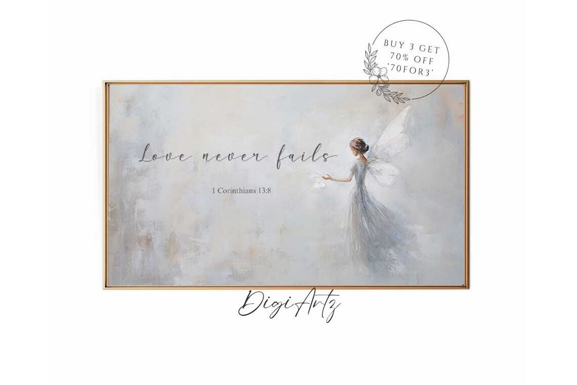 Love Never Fails Verse With A Graceful Angel In Soft Blue Poster