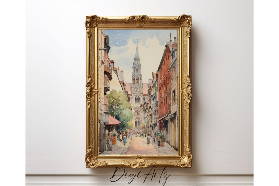 European Street Church Spire Cobblestone Watercolor Travel Poster