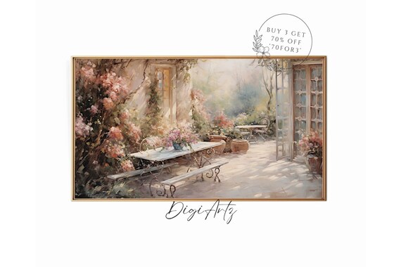 Sunlit Garden Terrace With Pink Blooms And French Doors Poster