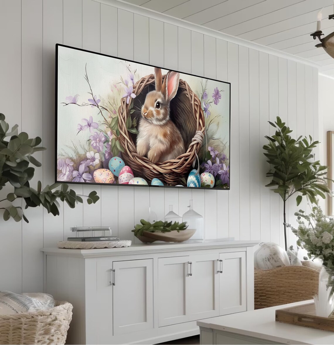 Easter Bunny In Wicker Basket With Painted Eggs And Flowers Poster - Image 4
