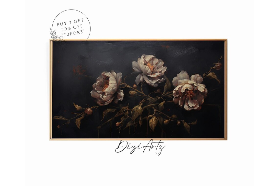 Dark Moody White Peonies Black Botanical Floral Painting Style Poster