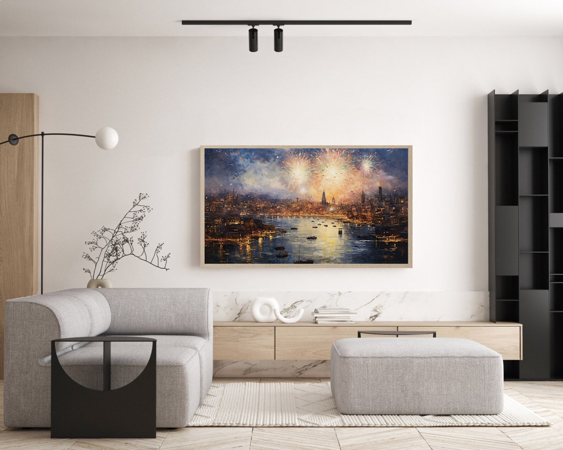 City Fireworks Celebration Night Sky Harbor Lights Painting Poster - Image 5