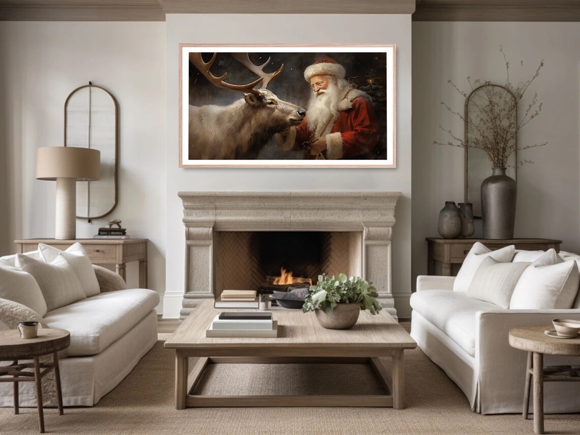 Tender Santa Claus And Reindeer Nuzzling In A Winter Night Poster - Image 4