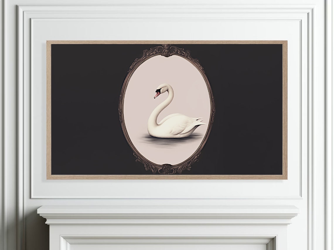 White Swan In Oval Frame On Black Background Minimalist Poster - Image 3