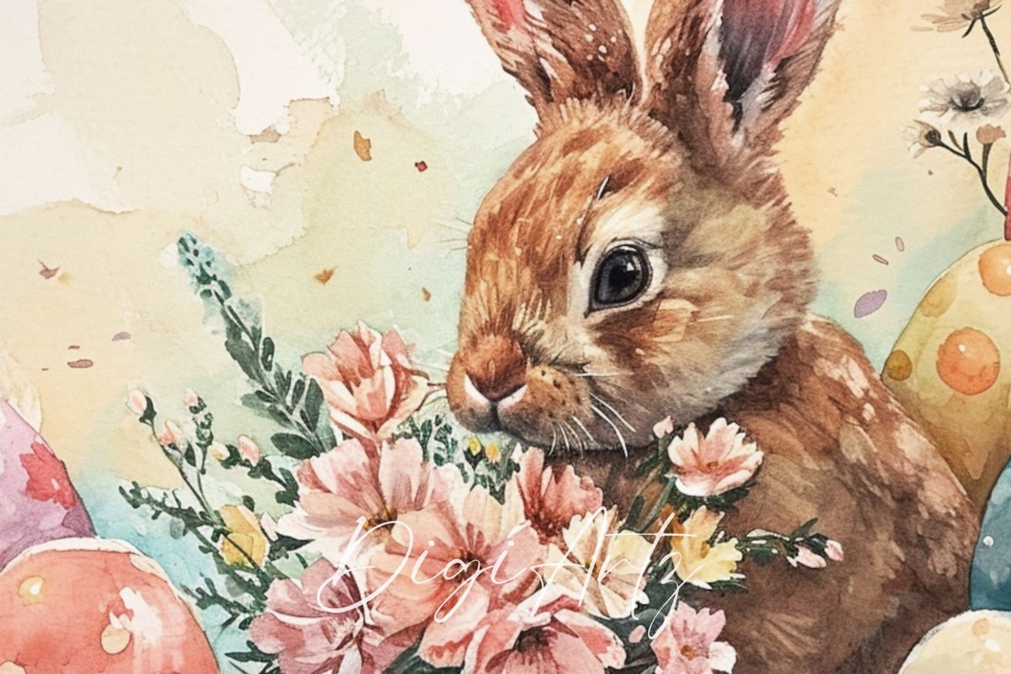 Easter Bunny Watercolor With Painted Eggs And Spring Flowers Poster - Image 6