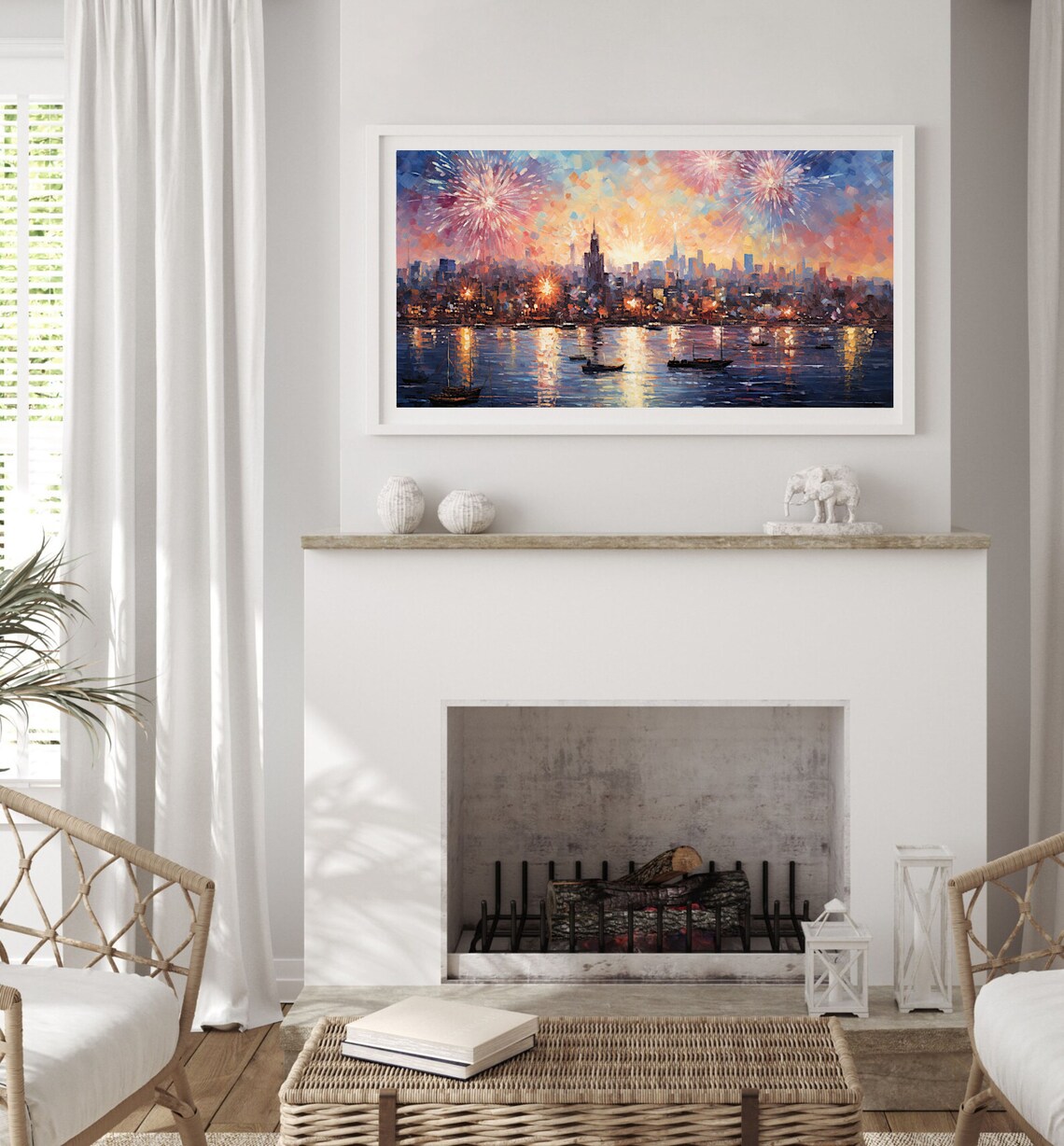 New Year Eve Fireworks Over City Skyline Celebration Painting Poster - Image 3