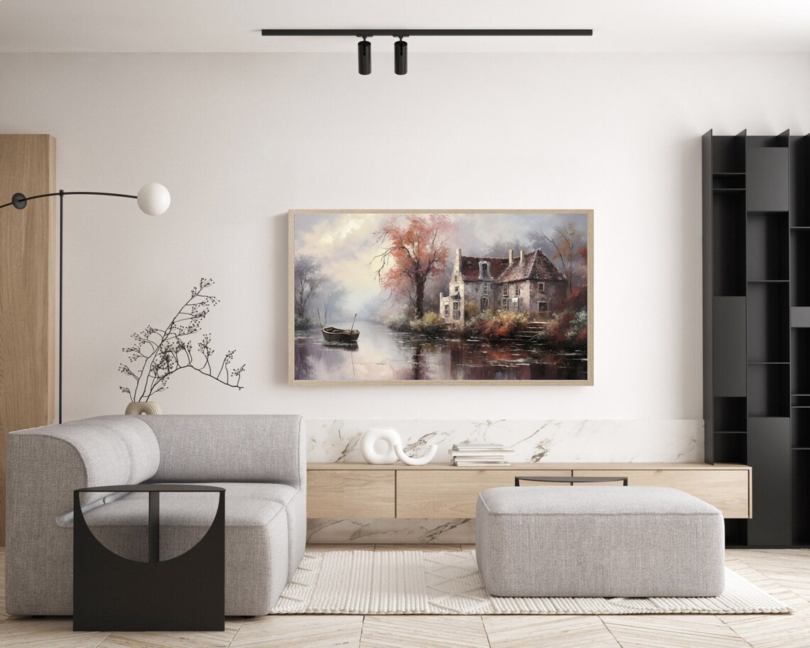 Autumn Countryside Riverside Old House Red Leaves Oil Painting Poster - Image 4