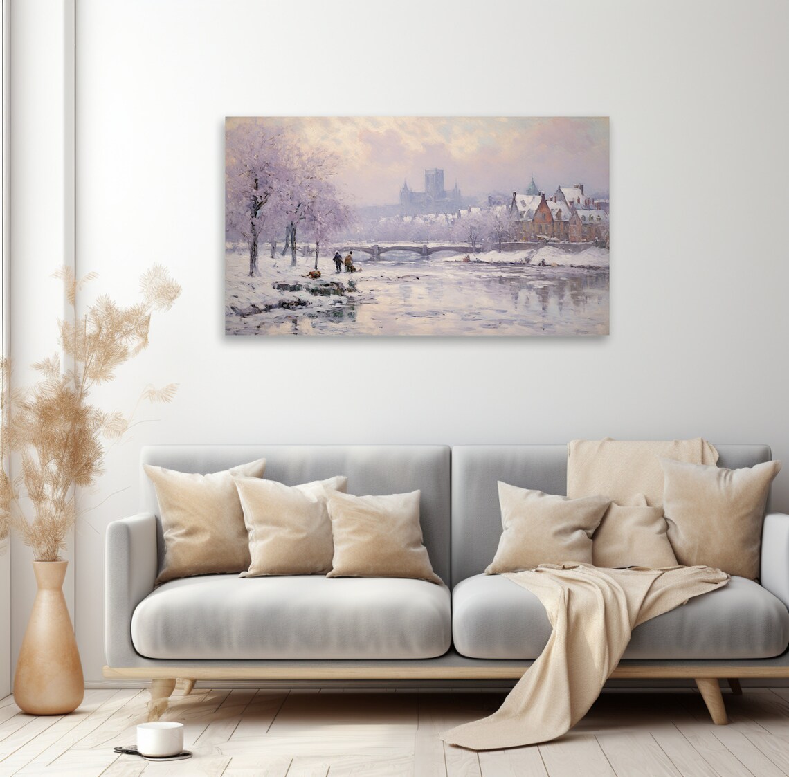 Snowy Riverside Old Town With Bridge And Twin Church Towers Poster - Image 2