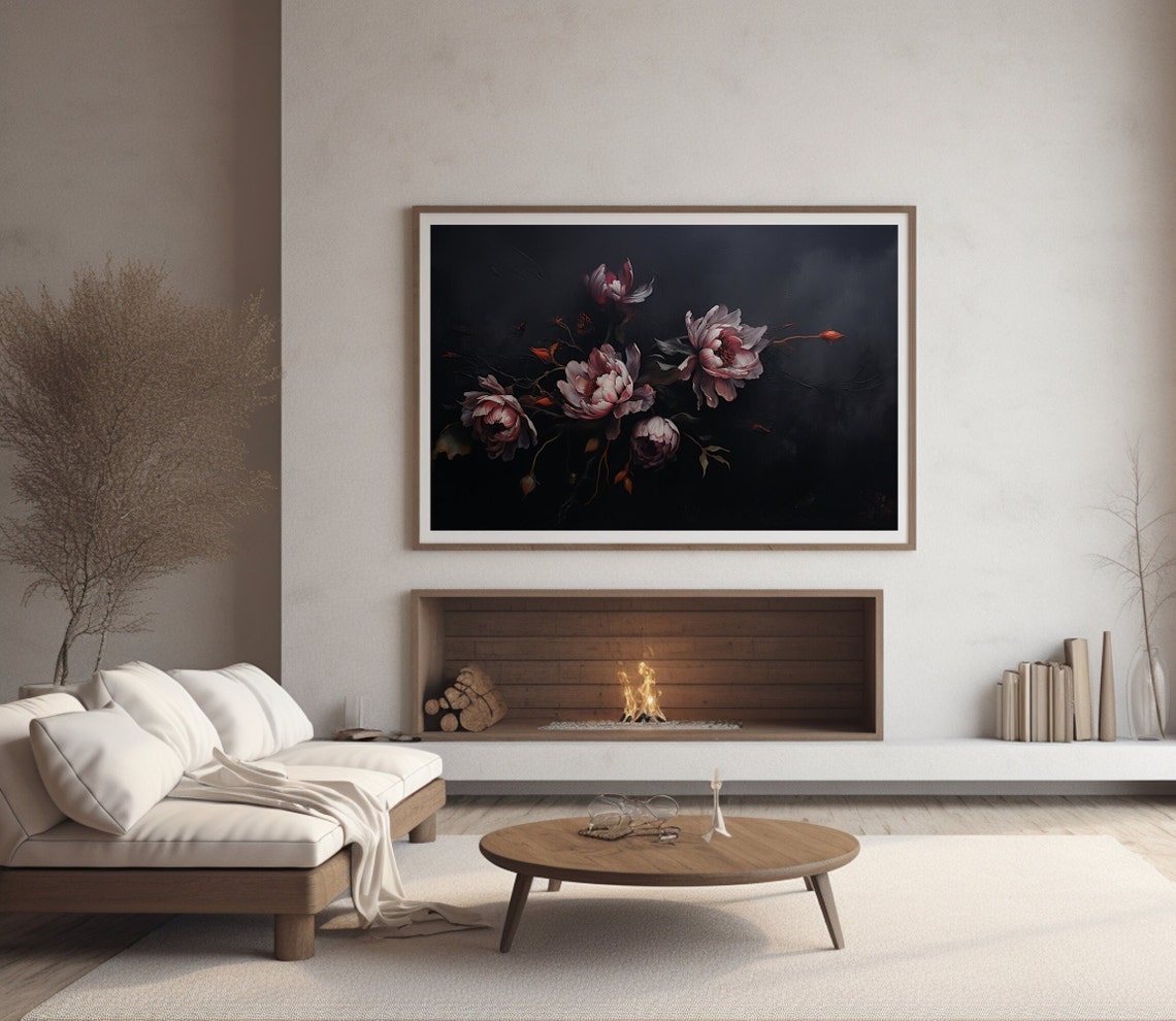 Blush Peonies Black Moody Floral Panoramic Botanical Scene Poster - Image 3