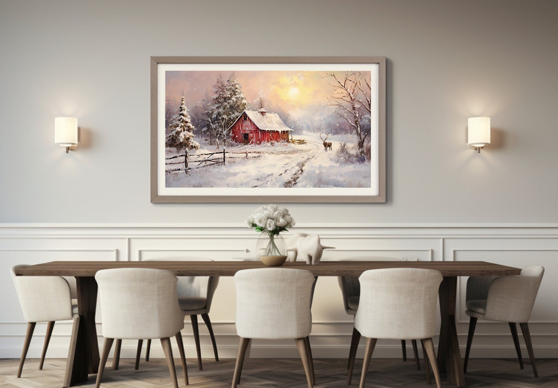 Red Barn In A Snowy Field At Sunrise With A Grazing Deer Poster - Image 3
