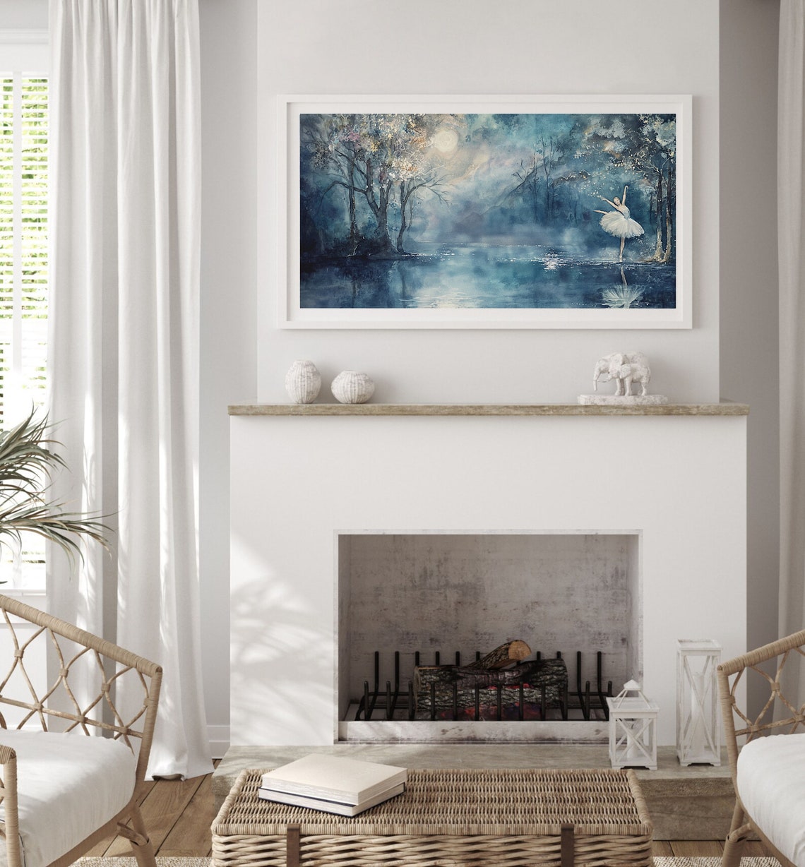 Moonlit Lake Ballerina Dancing Ballet Watercolor Night Scene Poster - Image 2