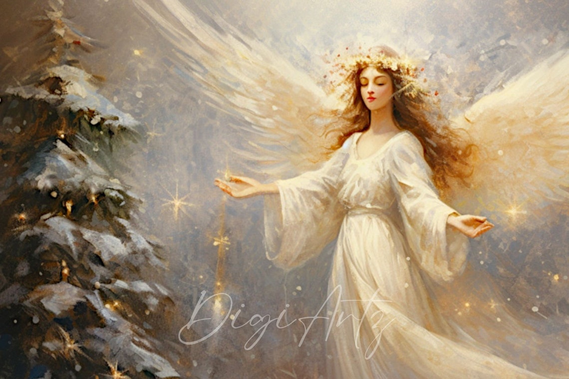 Frame Tv Portrait Art Christmas White Angel Oil Painting Rustic Fairy Winter Landscape Print Vintage Christmas Farmhouse Wall Decor - Image 6