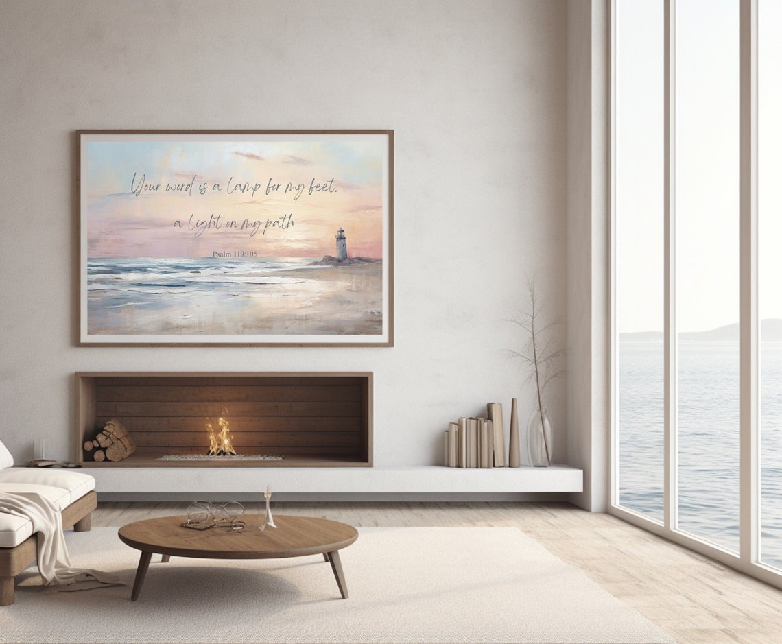 Frame Tv Christian Print Bible Verse Psalm 119 Scripture Light On My Path Seascape Beach Oil Painting Lighthouse Home Decor - Image 3