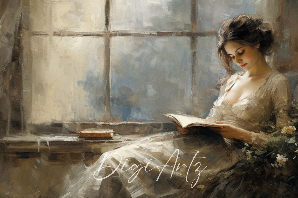 Woman Reading by Bright Window Moody Vintage Oil Painting Poster - Image 5