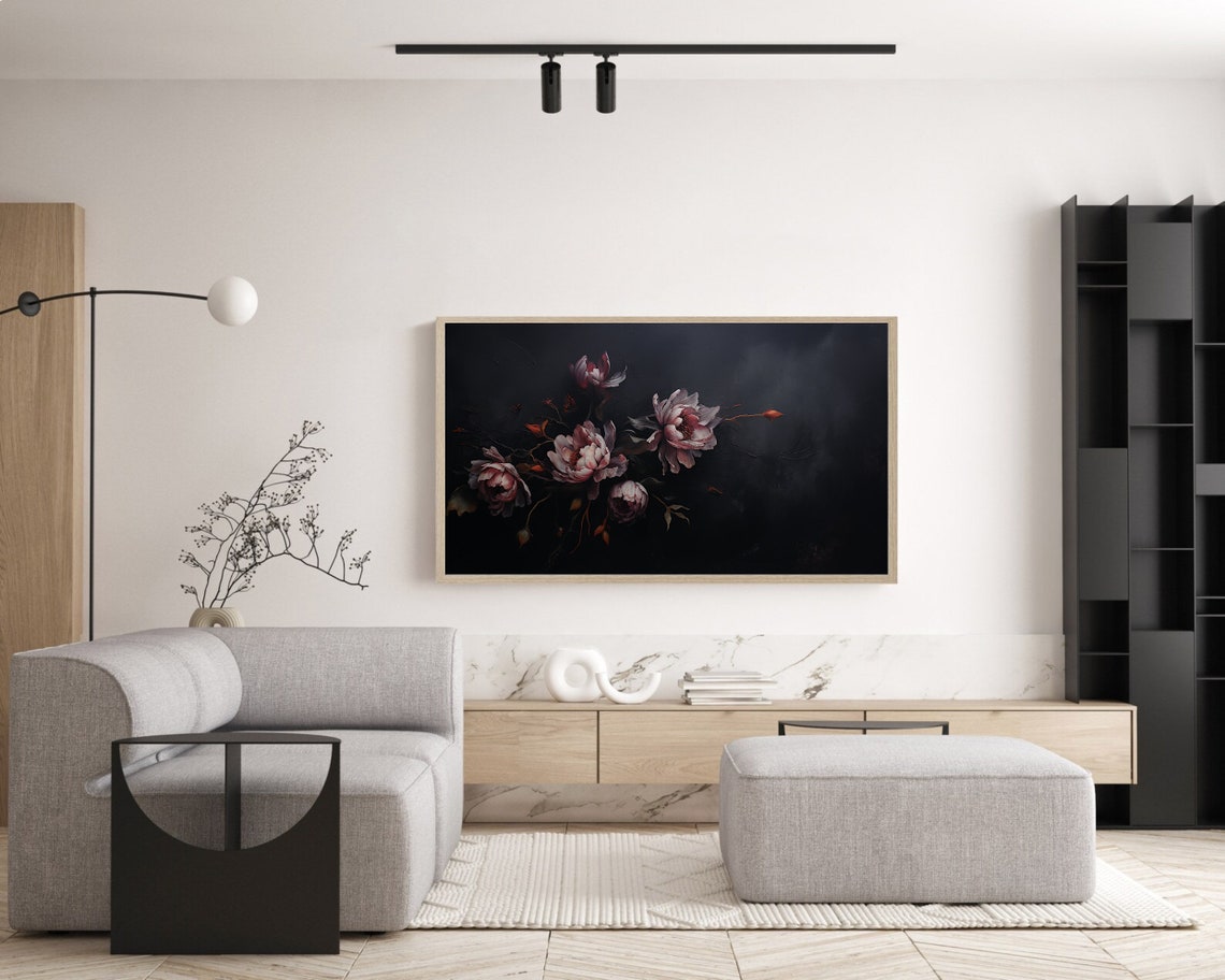 Blush Peonies Black Moody Floral Panoramic Botanical Scene Poster - Image 5