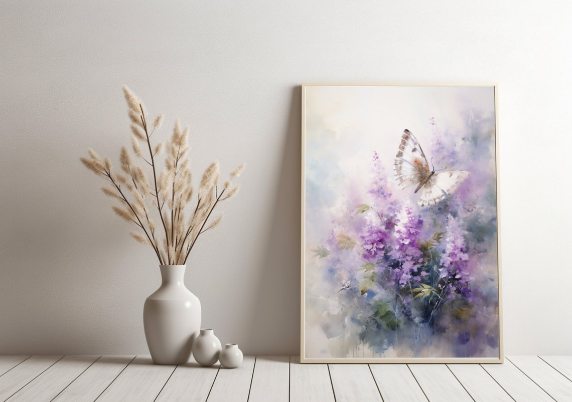 White Butterfly Lilac Blossoms Soft Watercolor Spring Floral Poster - Image 3