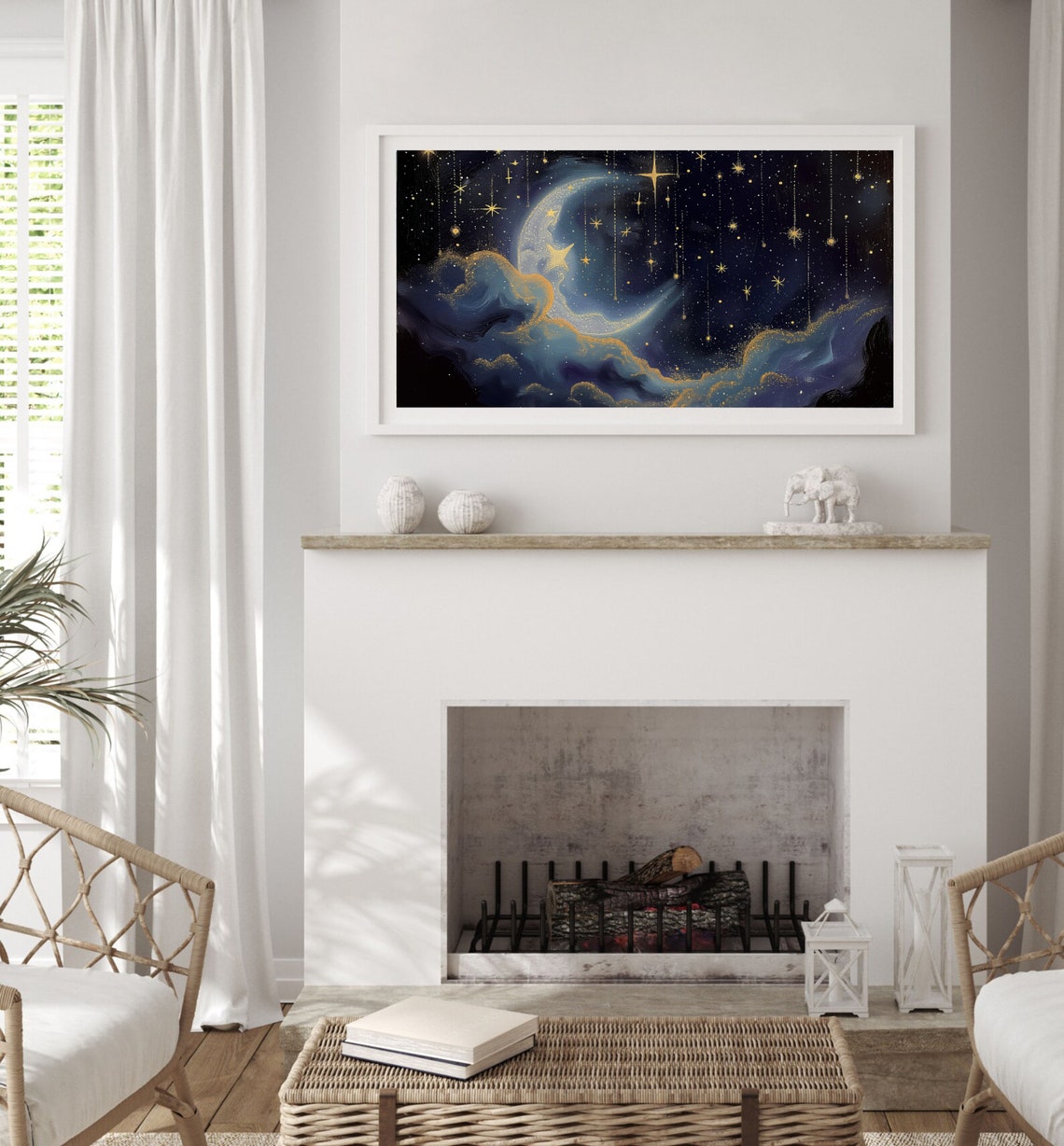 Crescent Moon Hanging Gold Stars Celestial Night Sky Painting Poster - Image 2