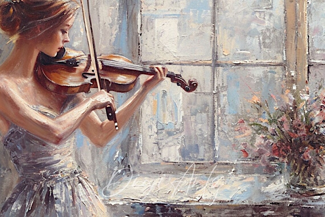Woman Playing Violin By Window Romantic Music Painting Poster - Image 6