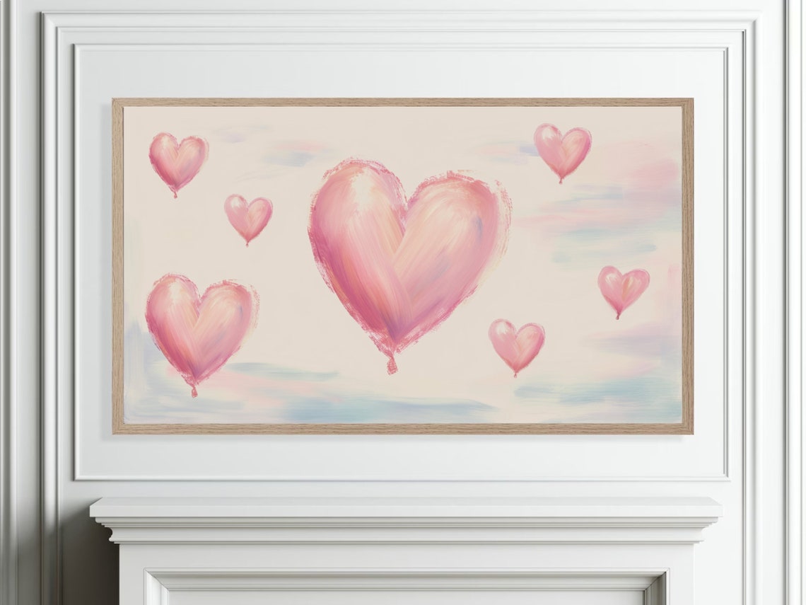Pink Heart Balloons Floating Pastel Sky Valentine Painting Poster - Image 5
