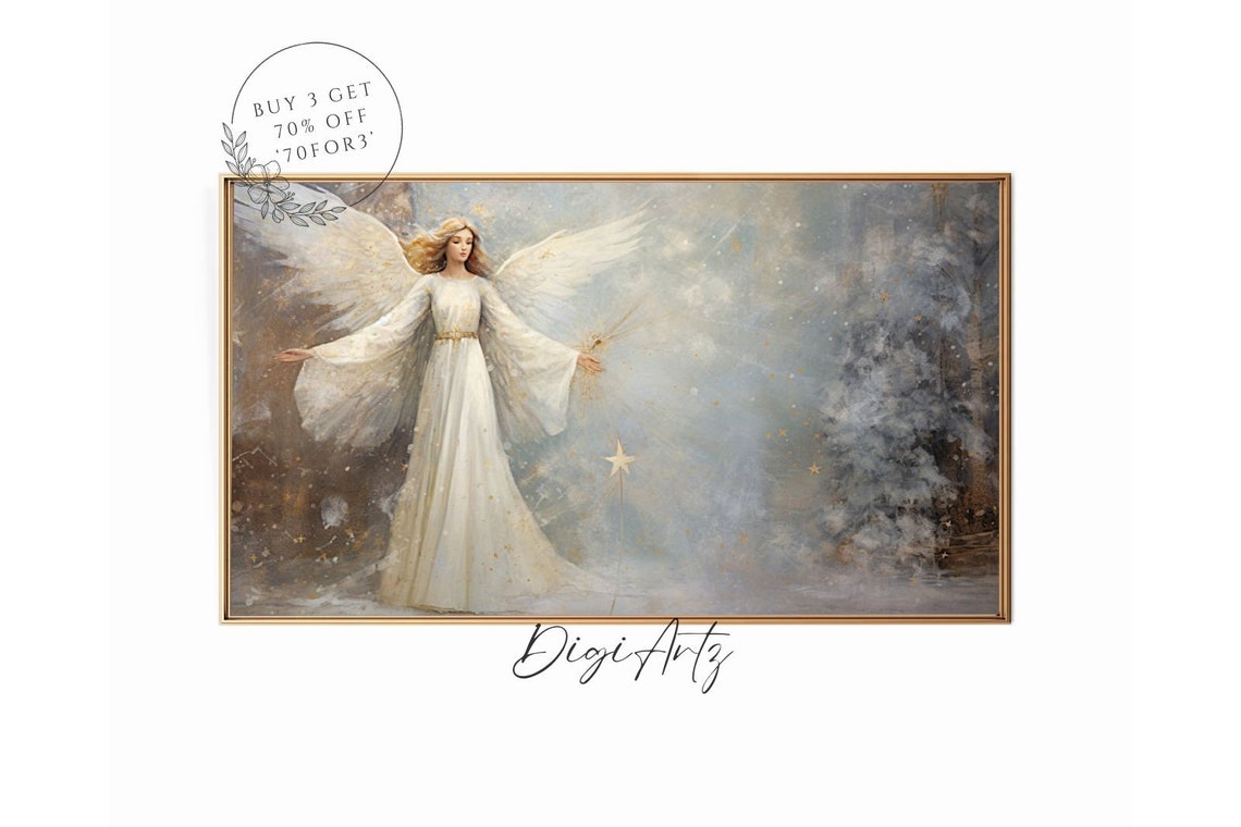 Frame Tv Portrait Art Christmas White Angel Oil Painting Rustic Fairy Winter Landscape Print Vintage Christmas Farmhouse Wall Decor
