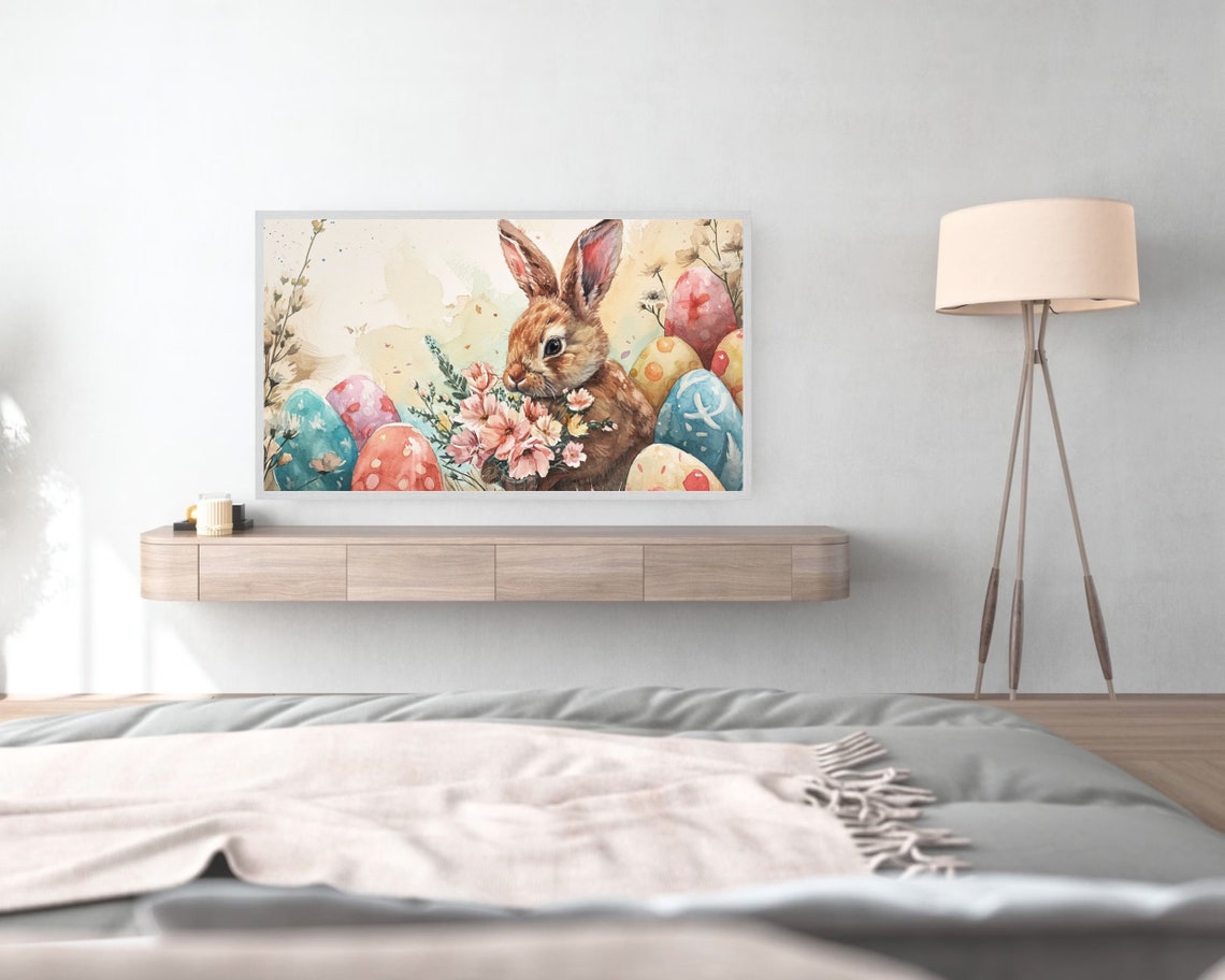 Easter Bunny Watercolor With Painted Eggs And Spring Flowers Poster - Image 2