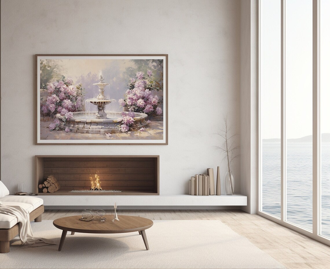Garden Fountain Pink Blossoms Vintage Courtyard Oil Painting Poster - Image 2