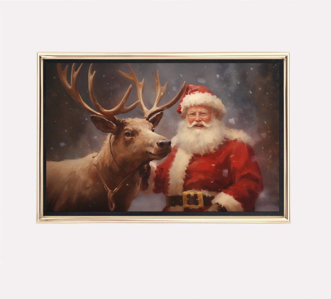 Jolly Santa Claus Standing With His Reindeer In Falling Snow Poster - Image 5