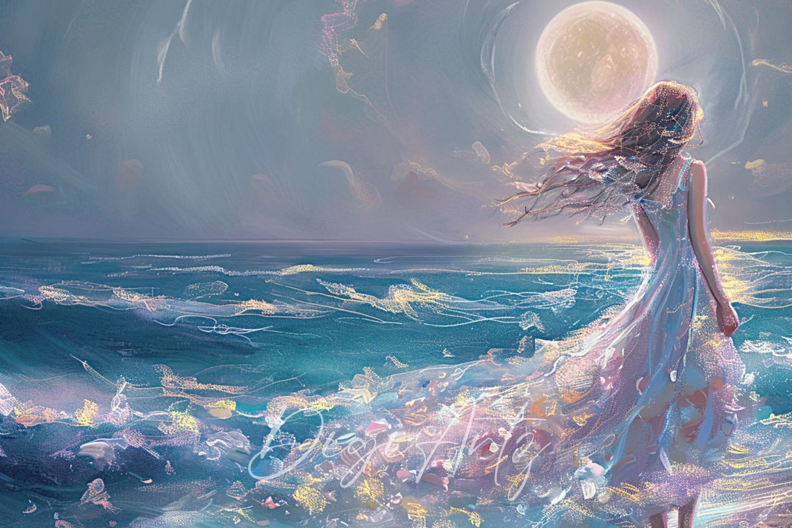 Moonlit Ocean Woman In Flowing Dress Dreamy Beach Moon Poster - Image 6