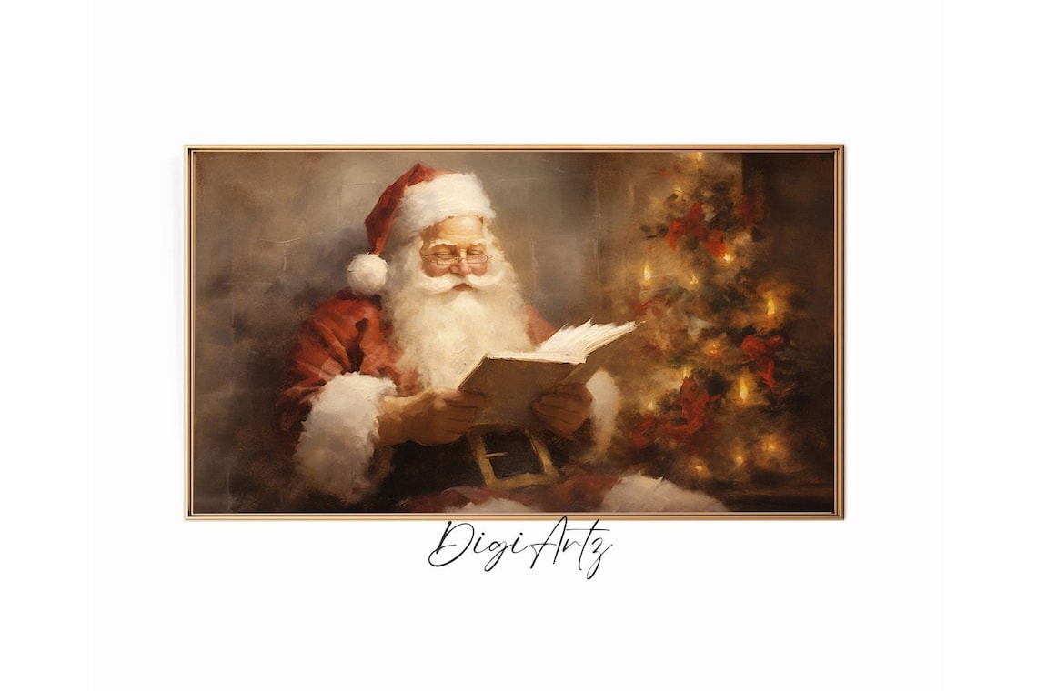 Santa Claus Reading A Book Beside A Glowing Christmas Tree Poster