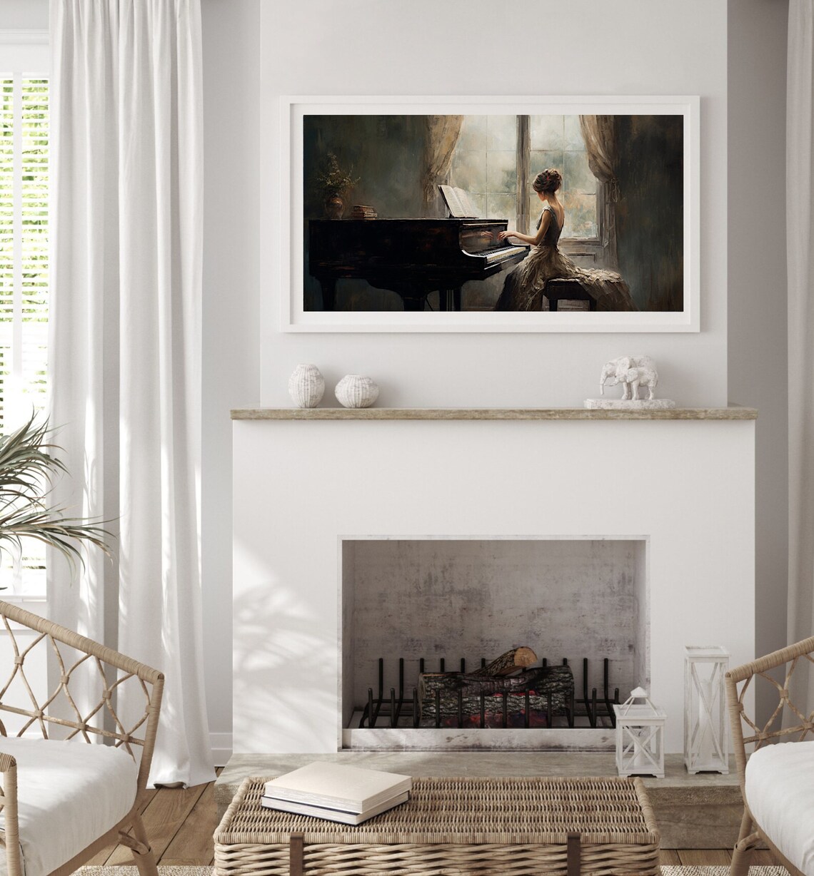 Woman Playing Grand Piano By Window Romantic Musician Painting Poster - Image 2