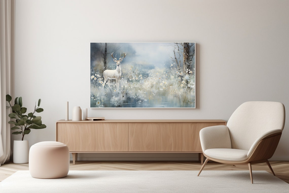 White Stag Misty Wildflower Forest Panoramic Ethereal Nature Poster - Image 2