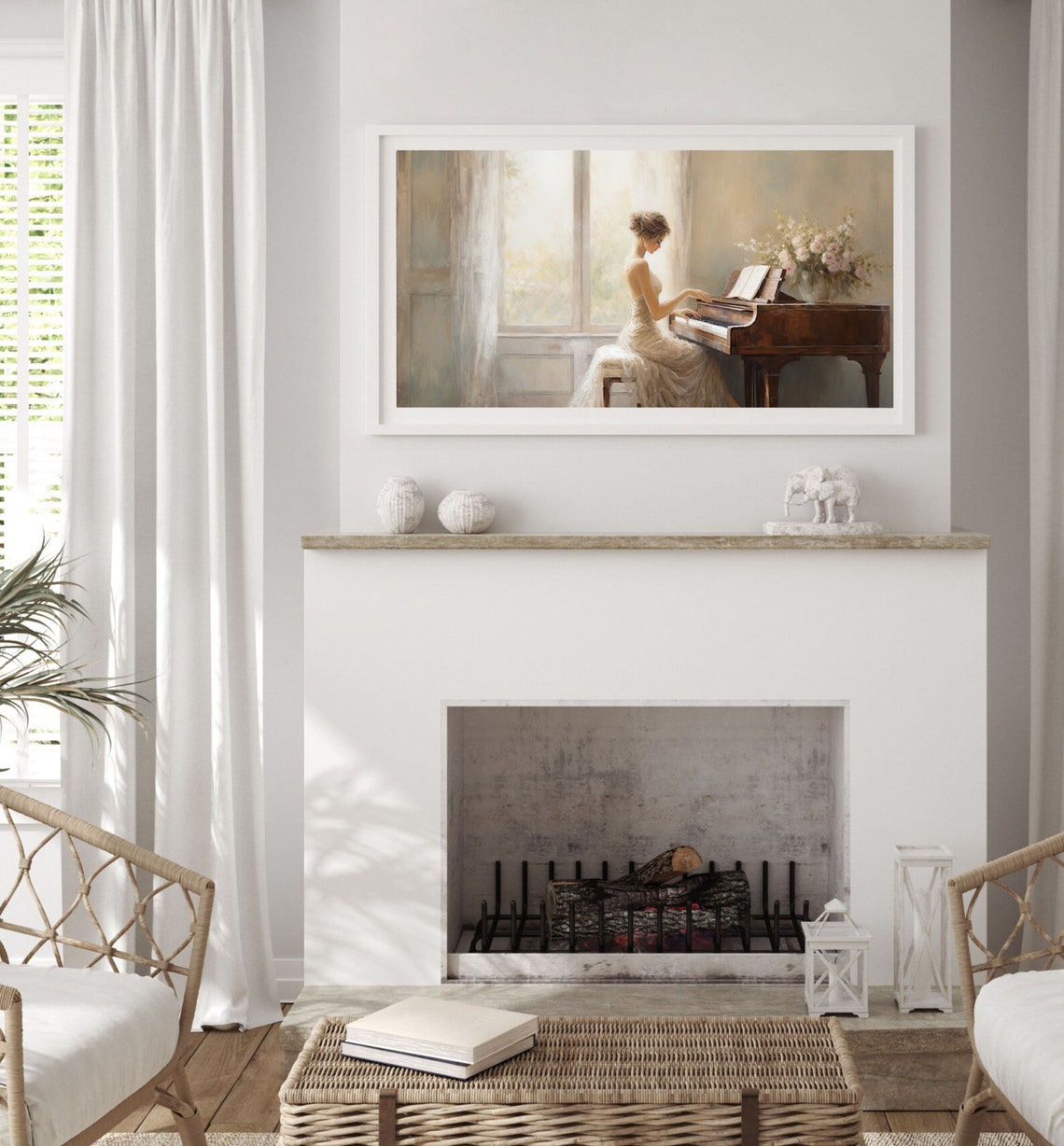 Woman Playing Grand Piano Sunlit Room Elegant Classical Music Poster - Image 2