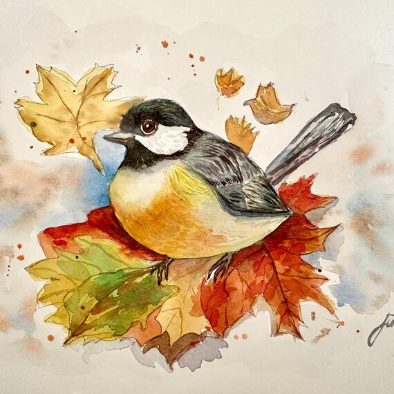 Chickadee Among Colorful Autumn Maple Leaves Watercolor Poster