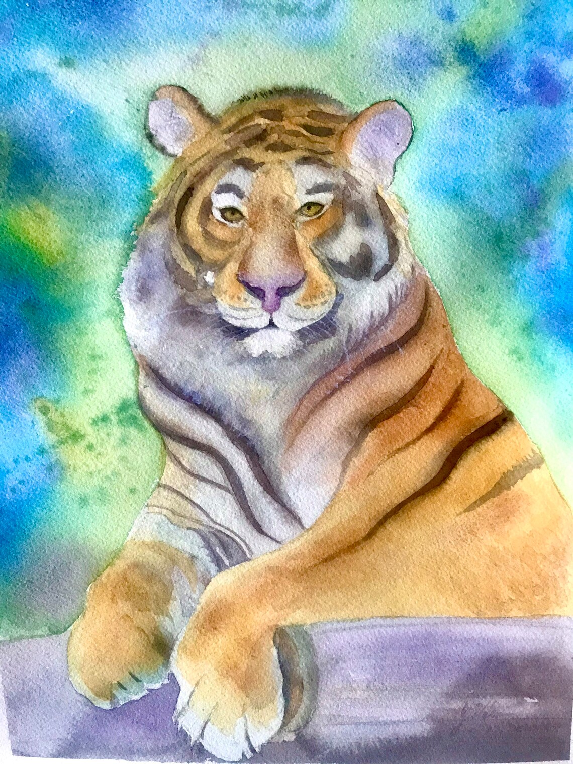 Majestic Tiger Resting Against a Blue Green Wash Watercolor Poster - Image 7