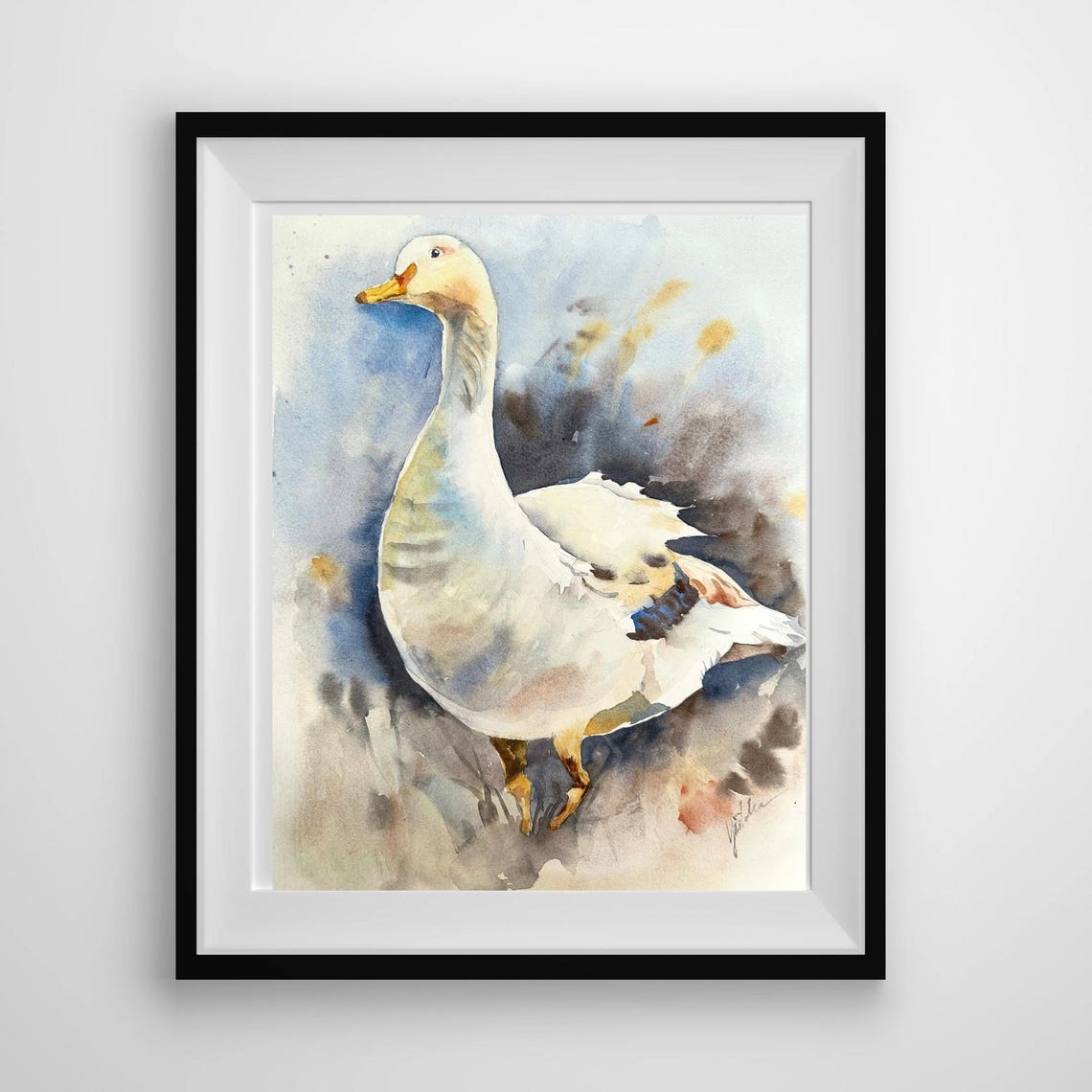 Graceful White Goose in a Soft Blue Wash Watercolor Bird Poster - Image 7