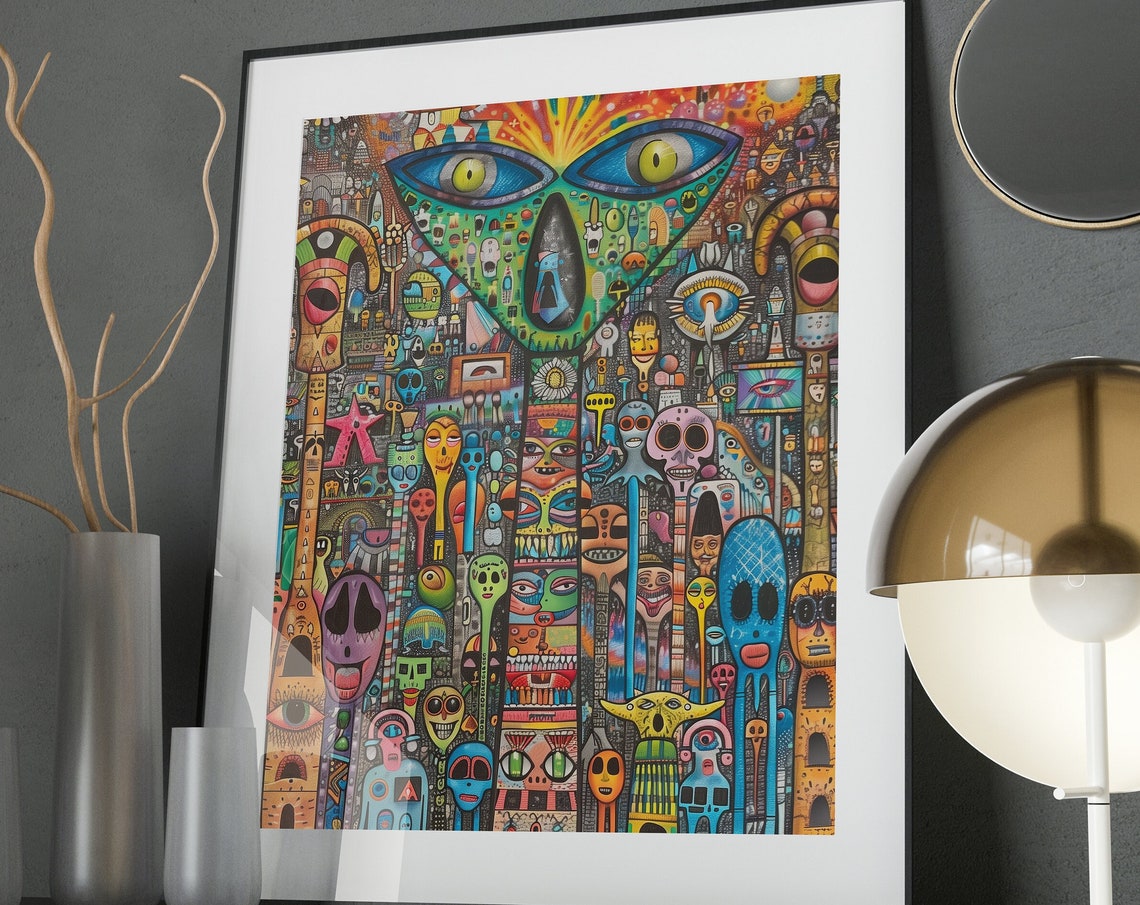 Colorful Totem Mask Creatures Psychedelic Doodle Pop Art Poster
