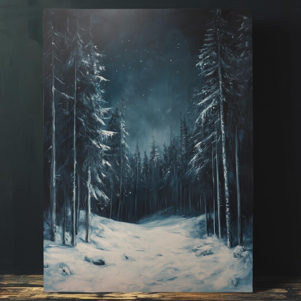 Moonlit Snowy Pine Forest Night Blue Winter Landscape Painting Poster