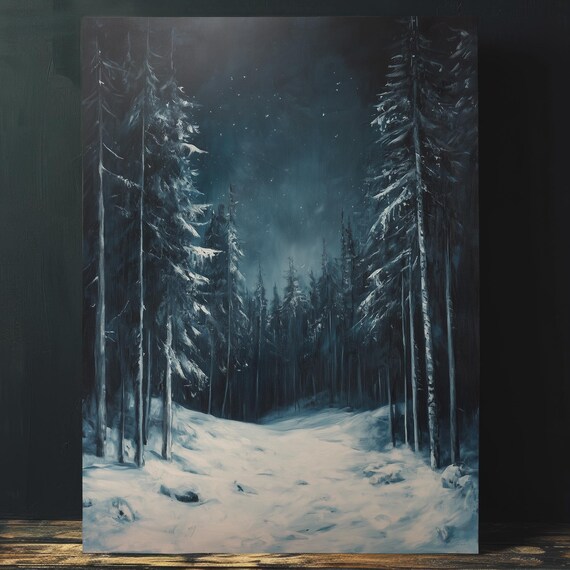 Moonlit Snowy Pine Forest Night Blue Winter Landscape Painting Poster