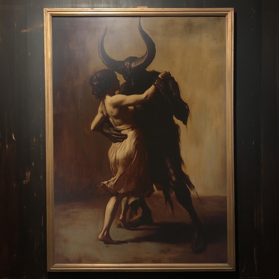 Dancing With The Devil Dark Academia Wall Art Moody Gothic Wall Decor Old Vintage Oil Painting Macabre Print