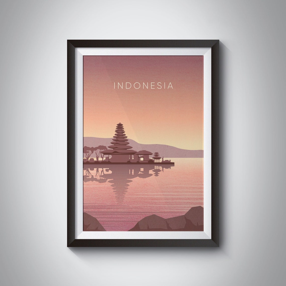 Indonesia Bali Floating Temple Sunset Lake Reflection Poster