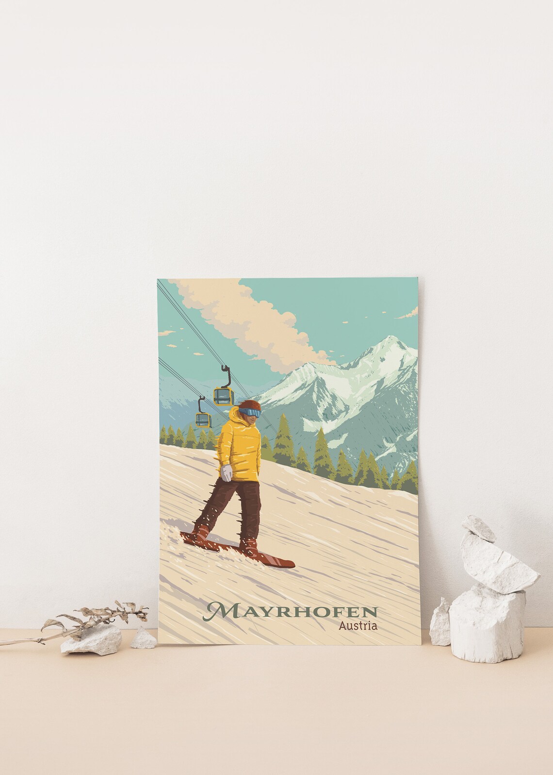 Mayrhofen Austria Vintage Snowboarder Gondola Ride Travel Poster - Image 4