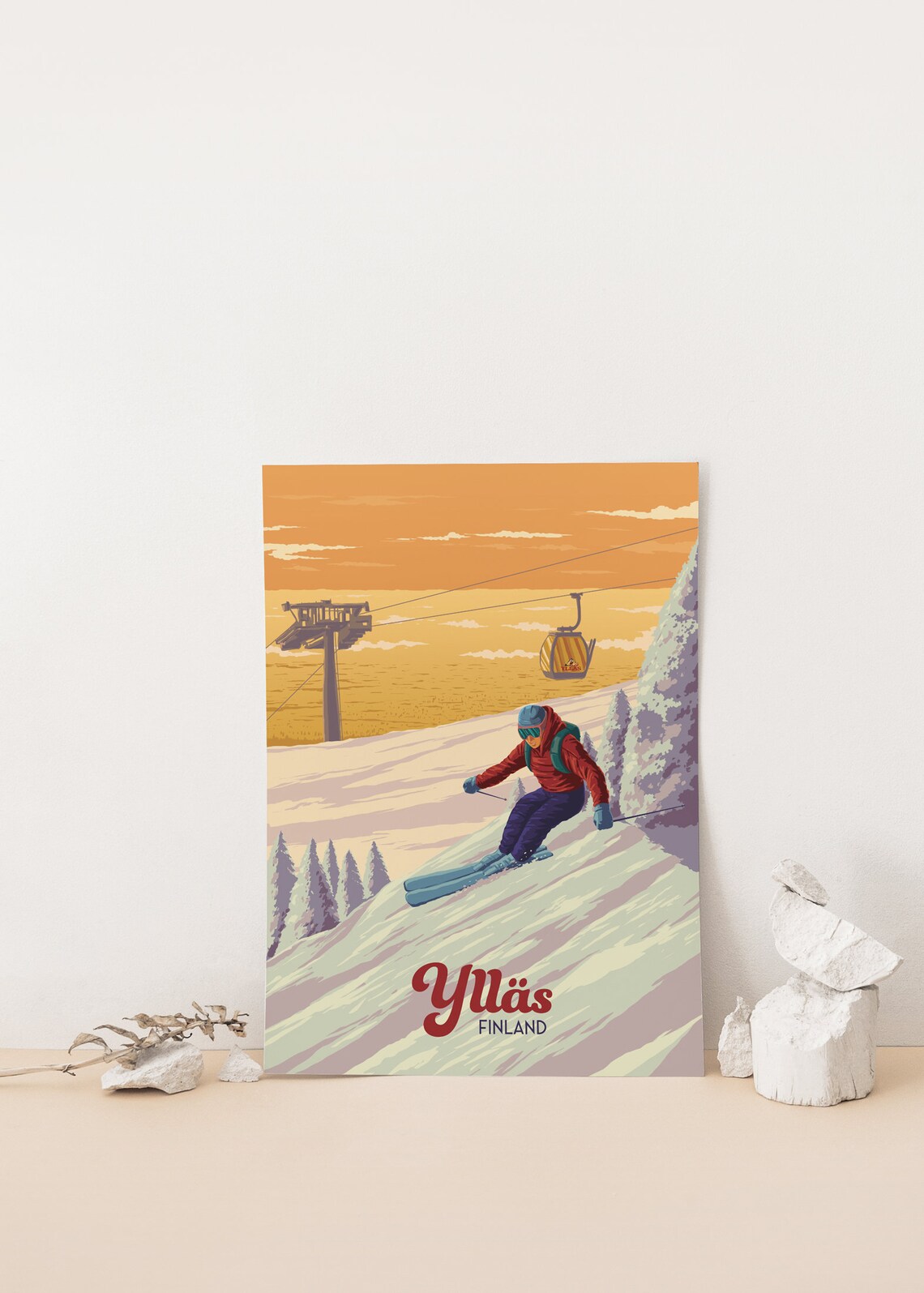 Ylläs Finland Lapland Skier Golden Sunset Slope Vintage Ski Poster - Image 4
