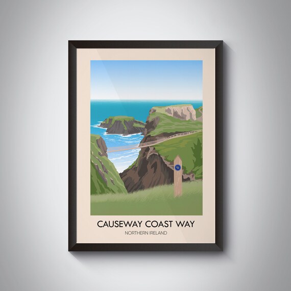 Causeway Coast Way Rope Bridge Hiking Trail Poster Northern Ireland Cliffs