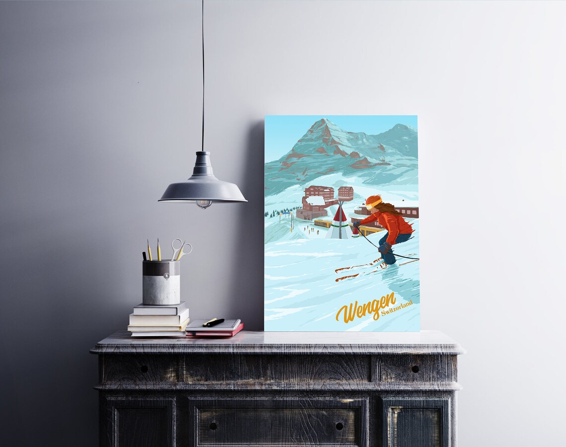 Wengen Switzerland Skier Eiger Alpine Village Retro Ski Travel Poster - Image 2