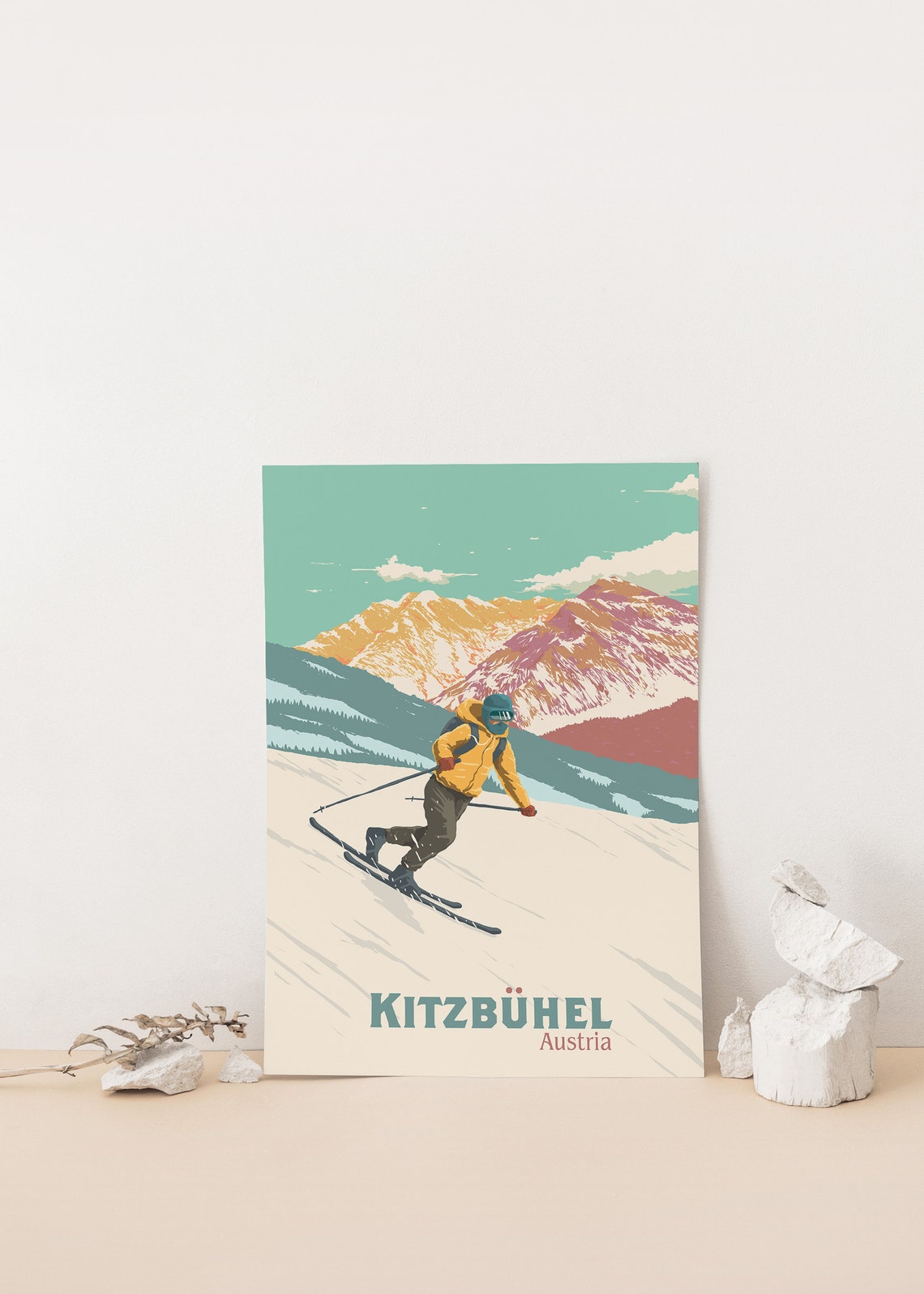 Kitzbuhel Austria Skier Carving Down a Retro Alpine Slope Poster - Image 4