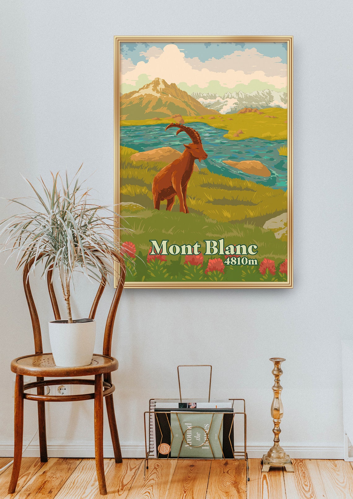 Mont Blanc 4810m Ibex Standing by an Alpine Lake Travel Art Poster - Image 4