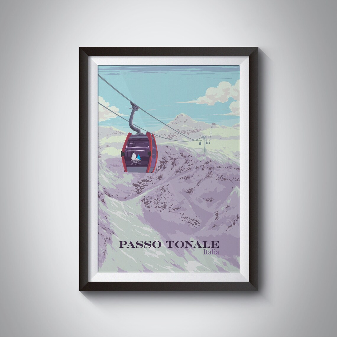 Passo Tonale Italy Red Gondola Snowy Peaks Vintage Ski Poster