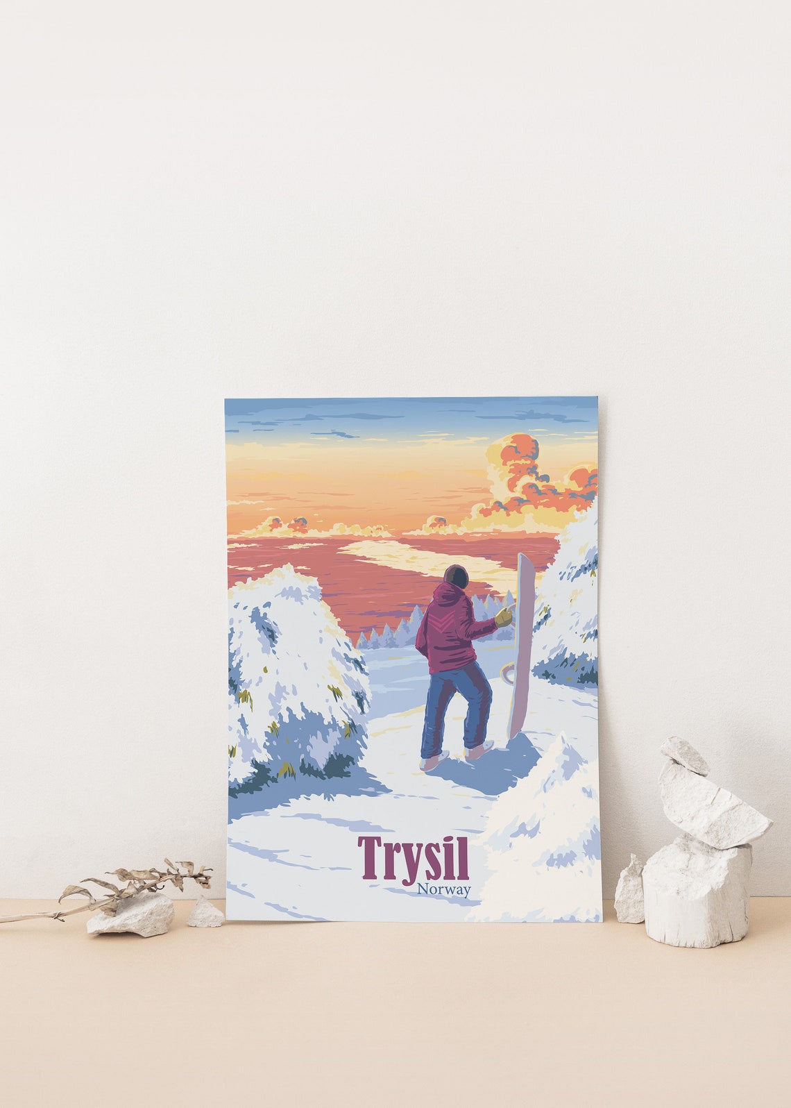 Trysil Norway Pink Sunset Snowboarder Winter Ski Resort Poster - Image 4